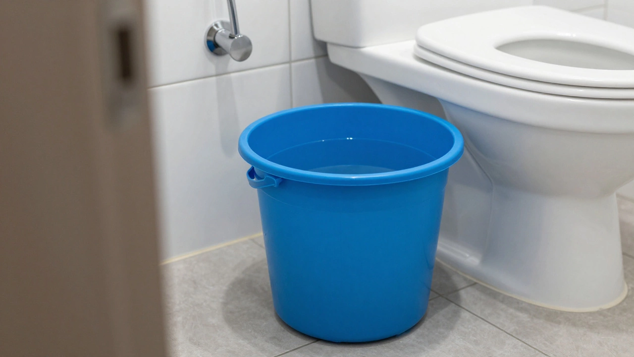 A bucket of water placed on the bathroom floor next to a toilet