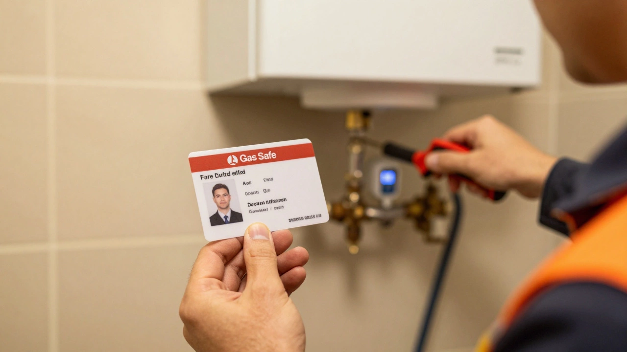 A certified heating engineer showing their professional ID card while servicing a boiler.