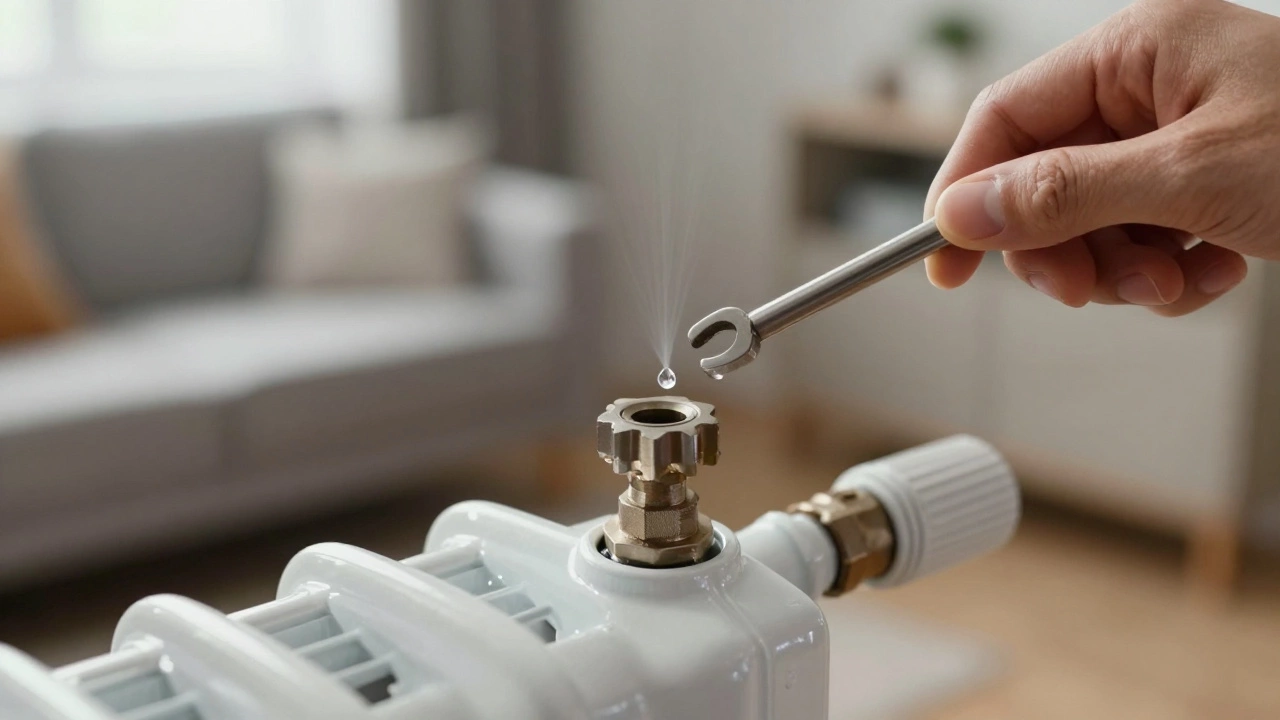 A hand using a bleed key to release trapped air from a white radiator valve.
