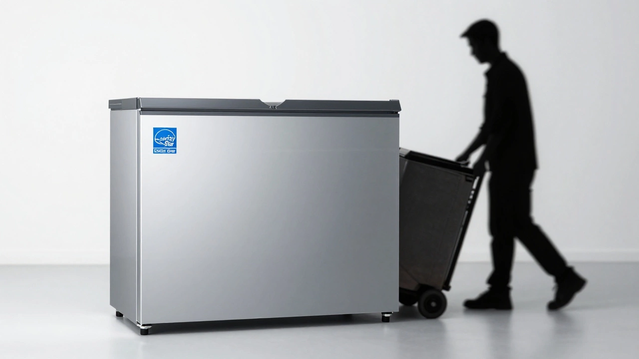 A modern energy-efficient freezer in a bright room with an old unit being removed.