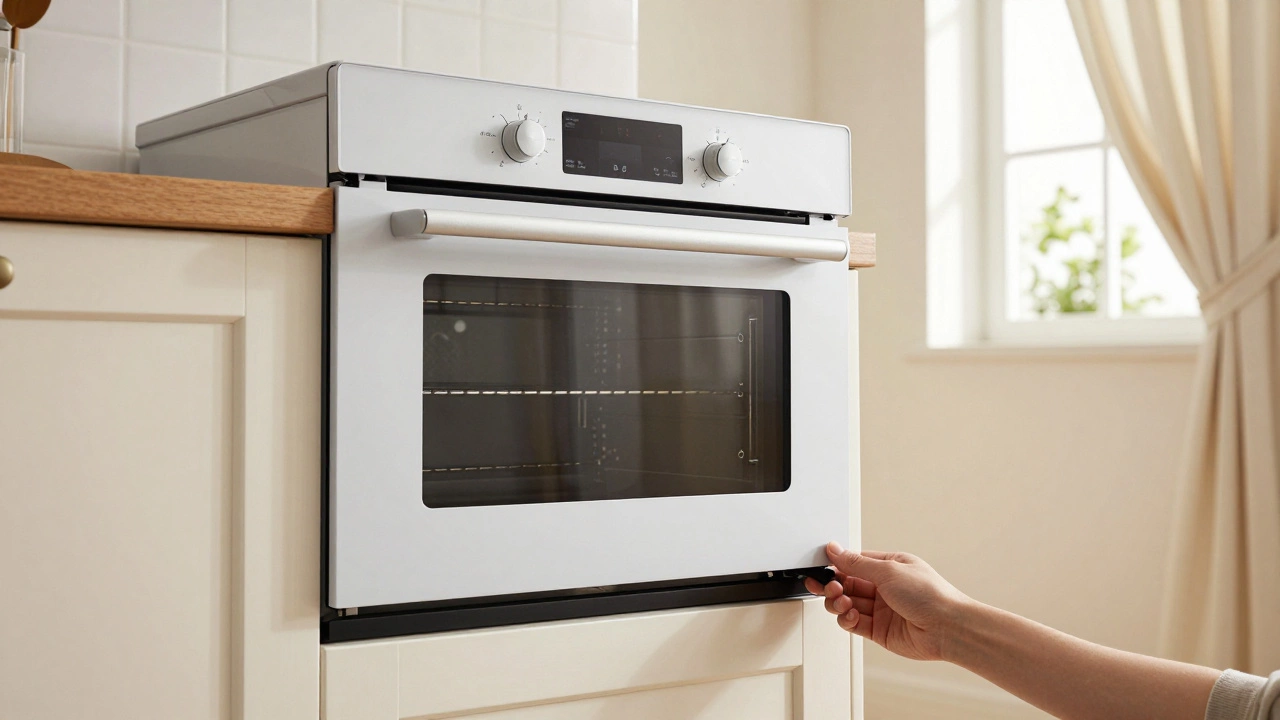 A newly installed electric oven being leveled in a bright, modern kitchen.