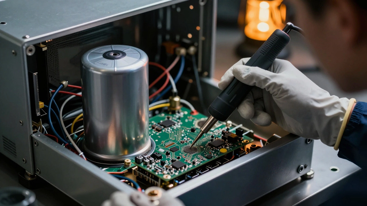 A technician safely discharging a high-voltage capacitor inside an open microwave.