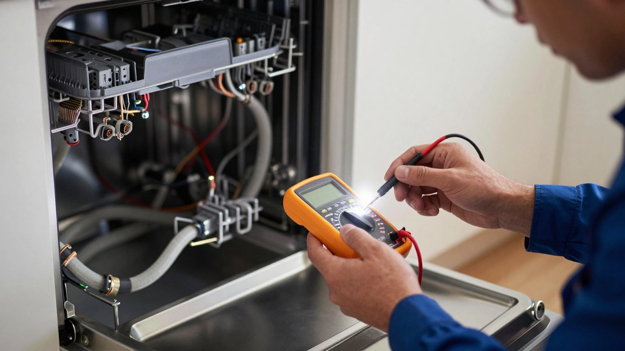 A technician using a multimeter to test the wiring of a partially removed dishwasher.