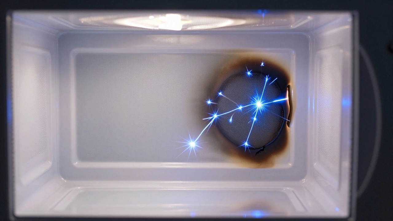 Blue electrical sparks arcing from a charred waveguide cover inside a microwave.