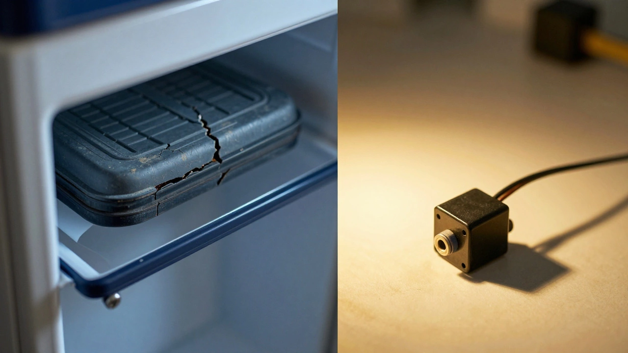 Comparison between a cracked freezer door seal and a new electronic start relay part.