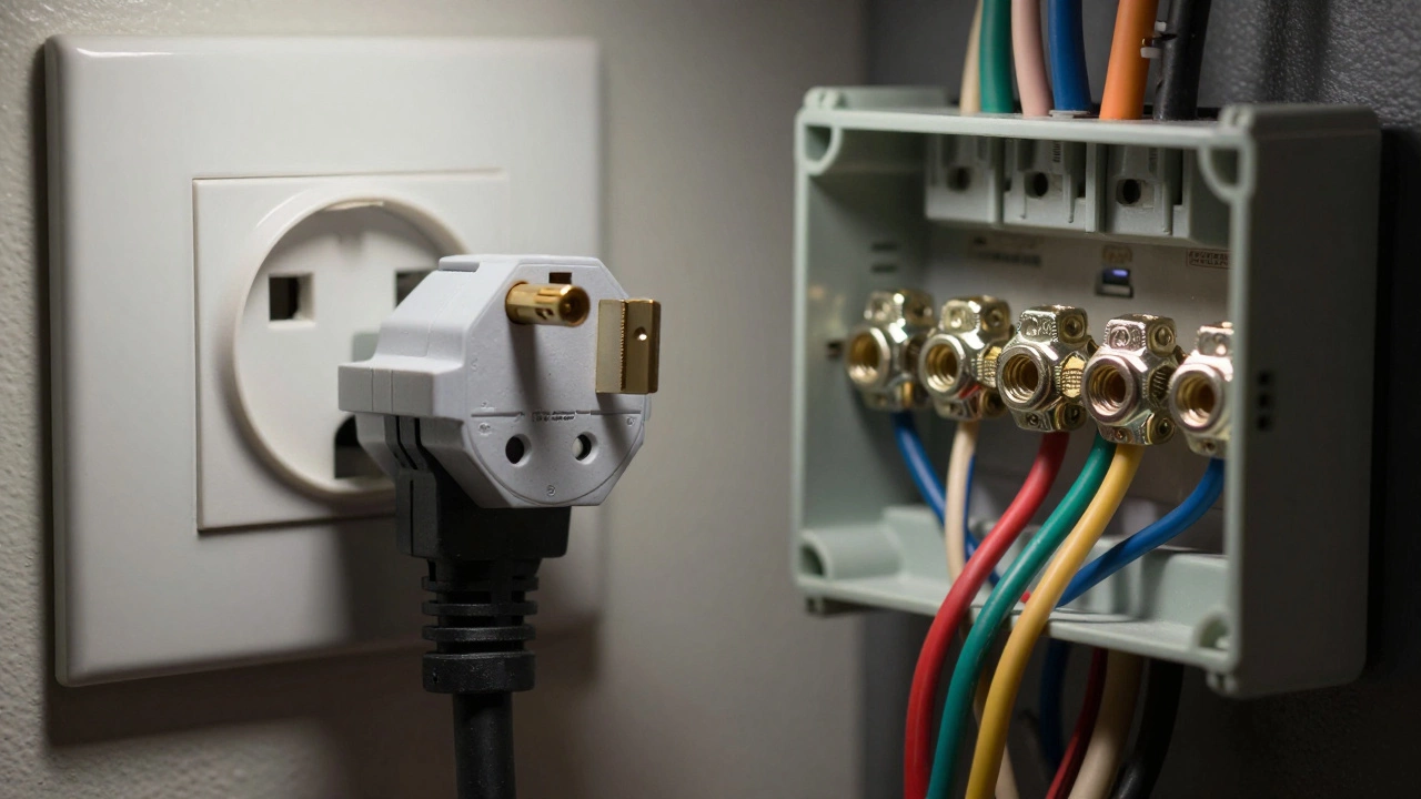 Comparison between a heavy-duty oven plug and a hardwired electrical junction box.