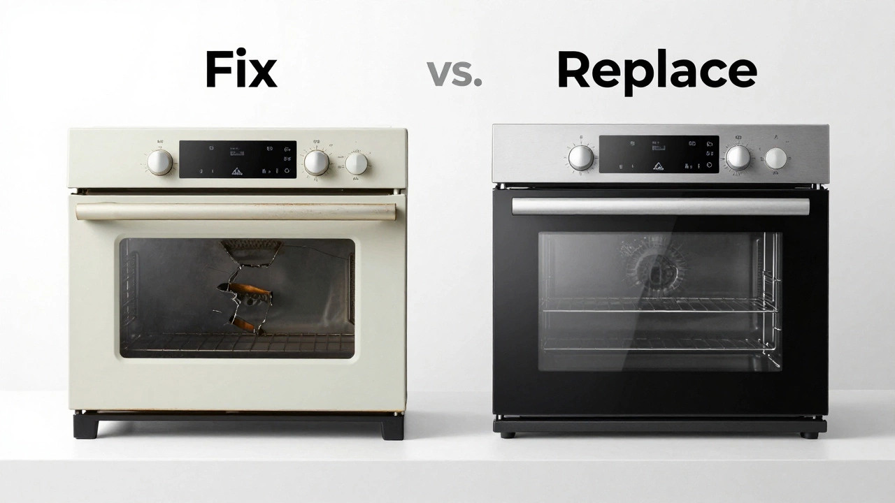 Comparison between an old damaged oven and a new modern model