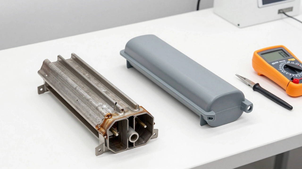 Comparison of a damaged old oven heating element and a brand new replacement part