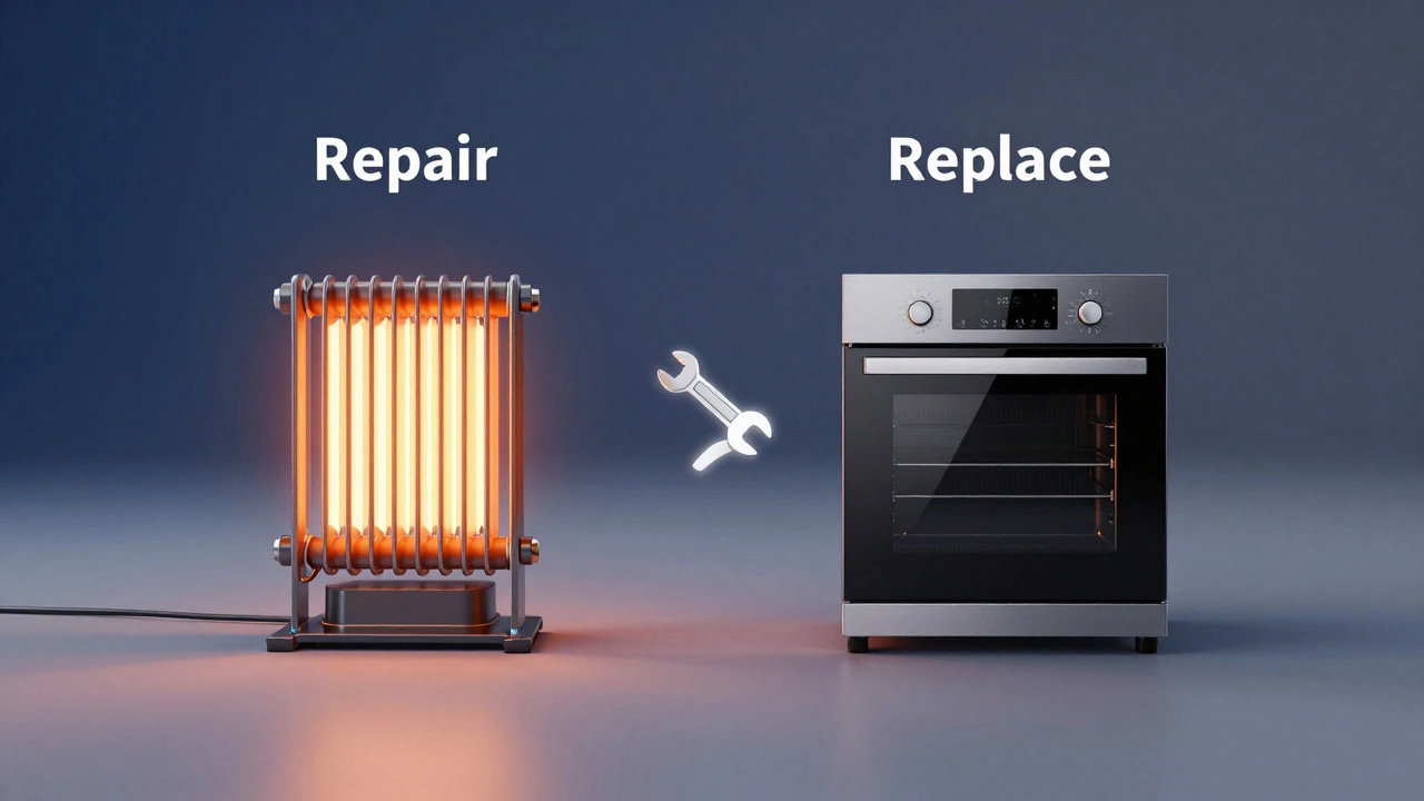 Conceptual visualization of choosing between repairing an oven element or buying a new oven