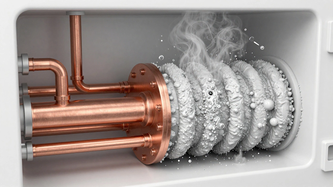 Cross-section of a boiler heat exchanger showing limescale buildup and steam bubbles.