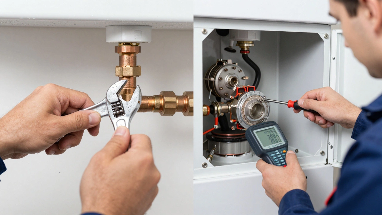 Split view comparing a plumber fixing a copper pipe and an engineer working on boiler internals.