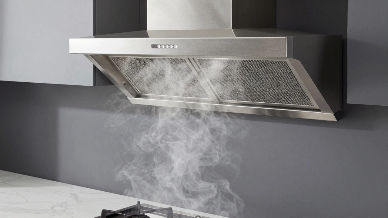 Stainless steel kitchen range hood with baffle filters extracting cooking steam