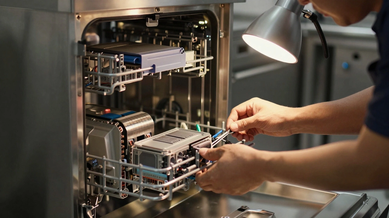 Technician repairing internal components of a stainless steel commercial dishwasher