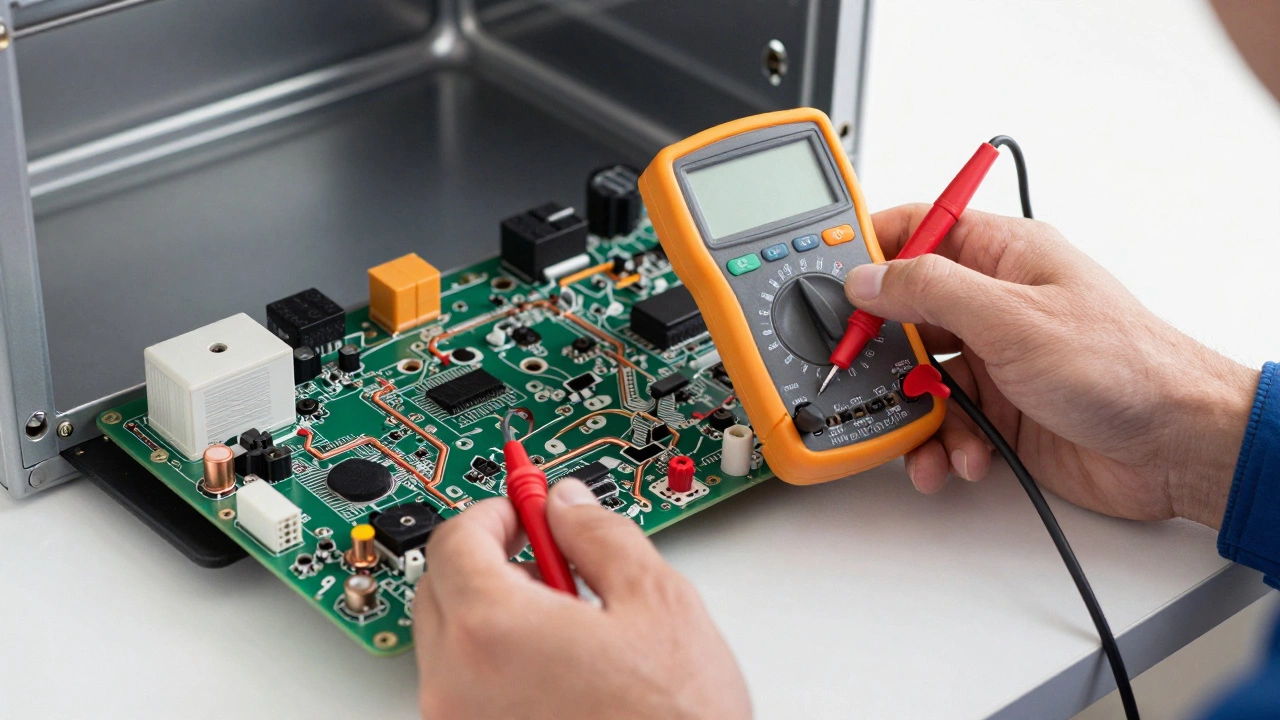 Technician testing an oven control board with a multimeter