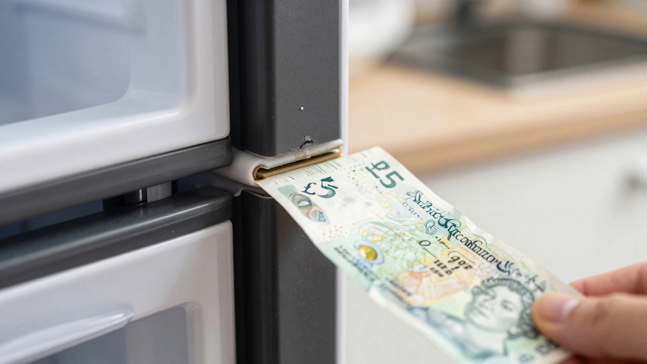 A five pound note slipping easily from a worn freezer door seal gap