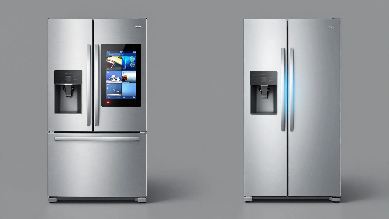 Comparison of a complex smart fridge versus a simple reliable model showing design differences