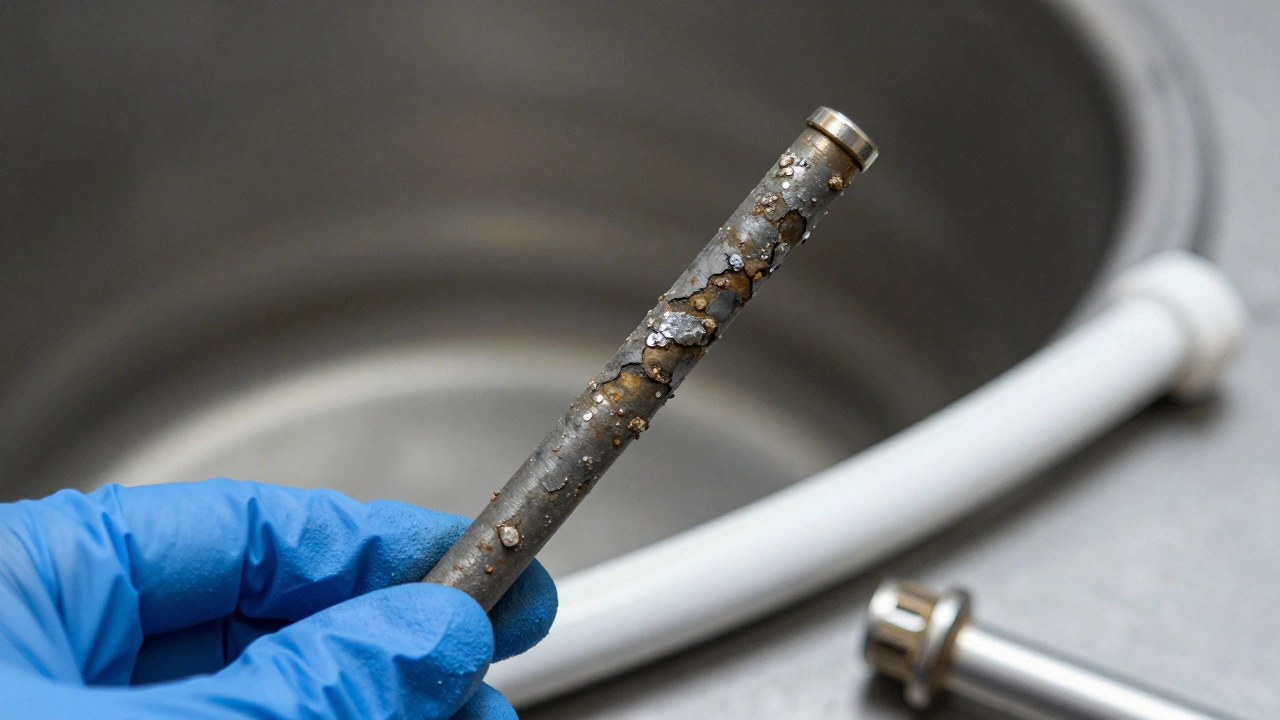 Corroded anode rod held next to a new replacement part