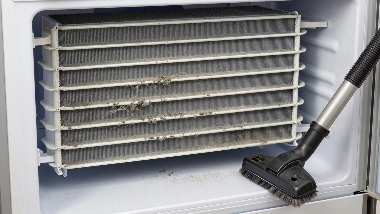 Dirty condenser coils covered in dust and pet hair behind a fridge