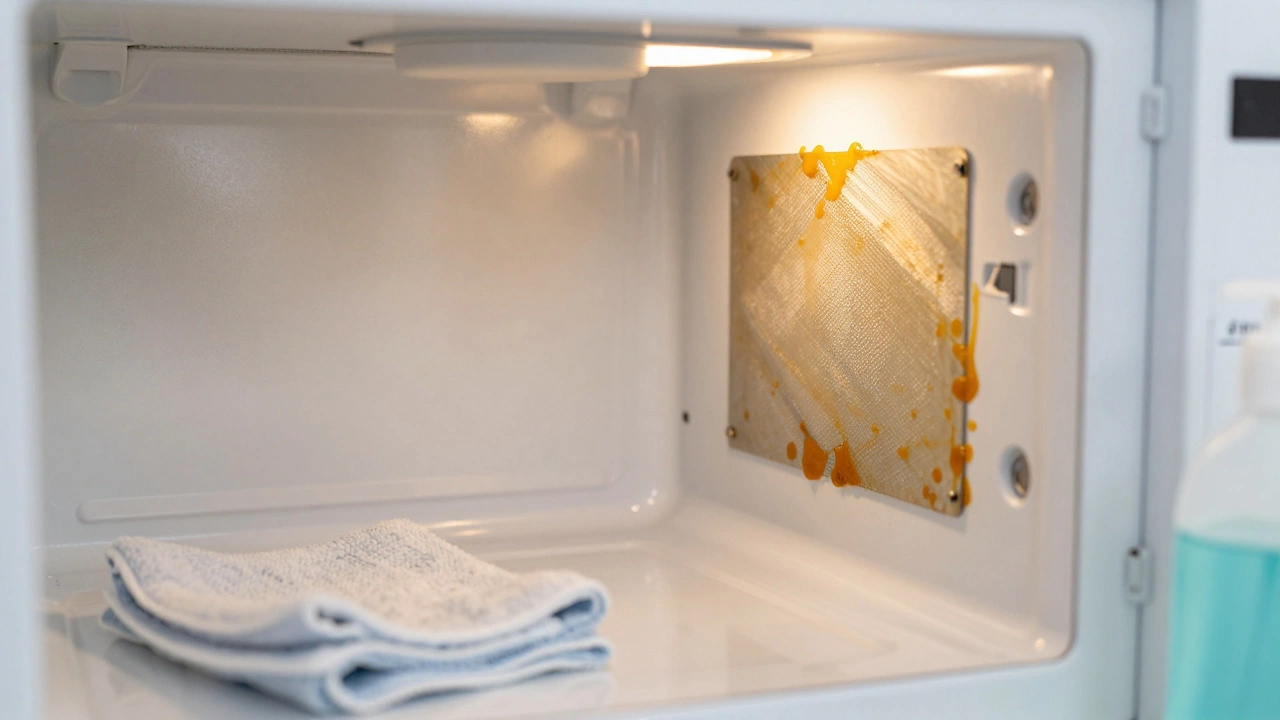 Dirty waveguide cover inside a microwave needing cleaning