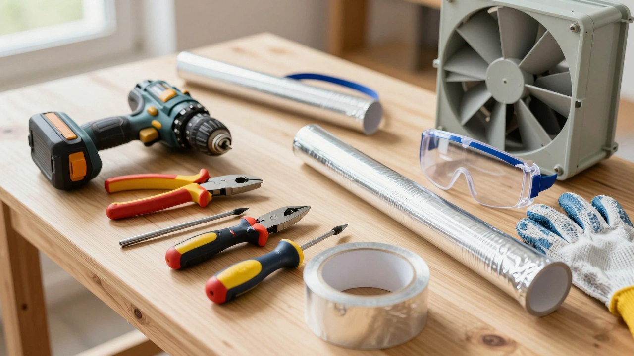 DIY tools and extractor fan parts laid out on a wooden workbench