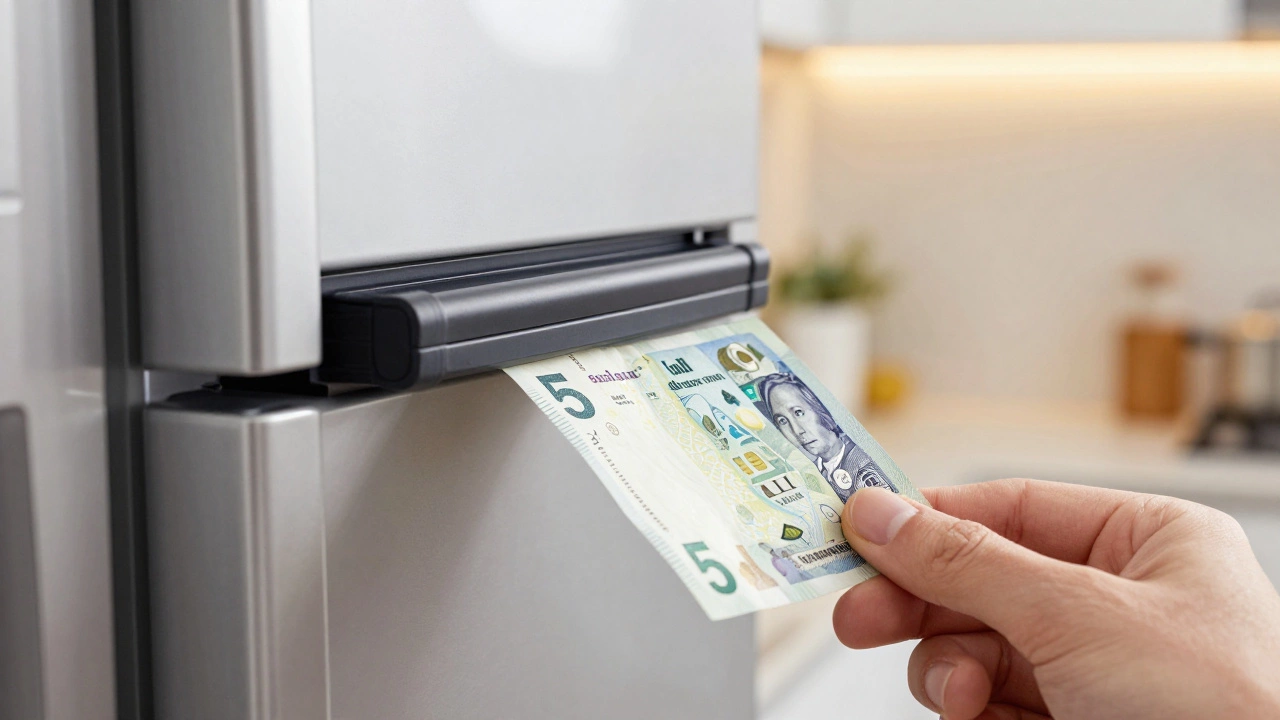 Hand pulling banknote from fridge door seal to test for air leaks