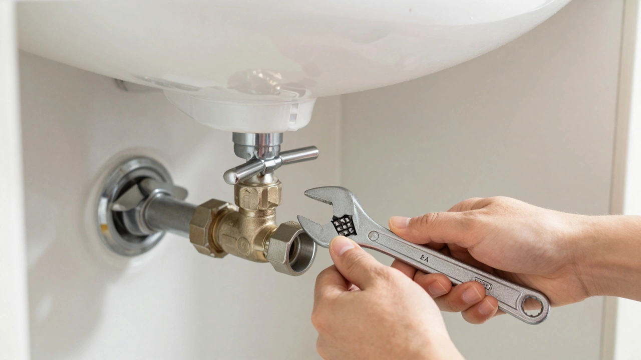 Hands adjusting isolation valves under a bathroom sink to fix plumbing