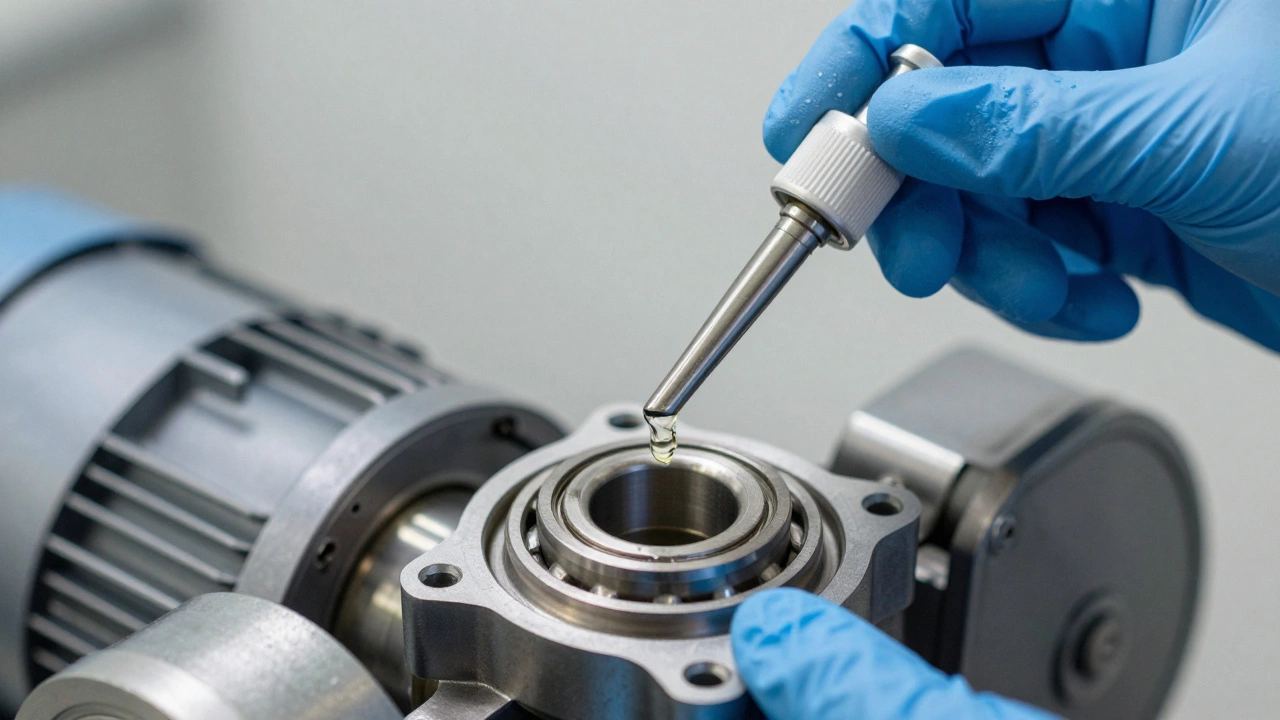 Hands applying oil to fan motor bearings