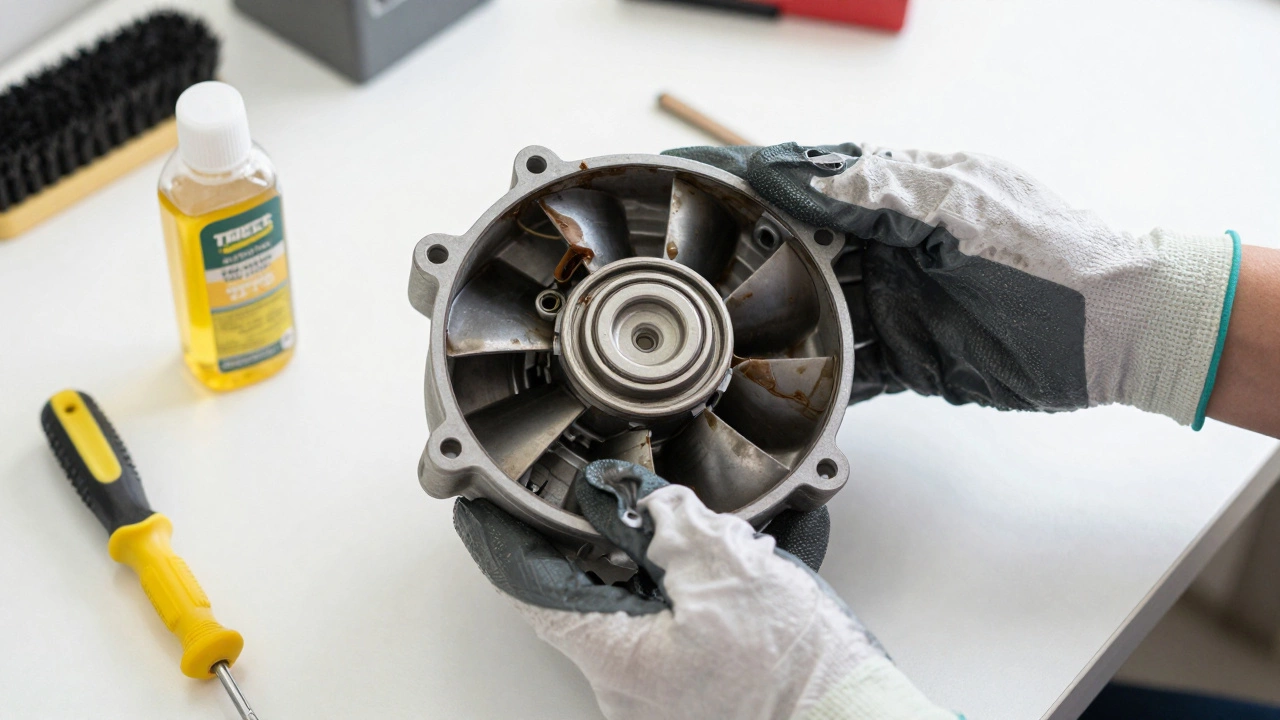 Hands repairing an exhaust fan motor with tools and oil