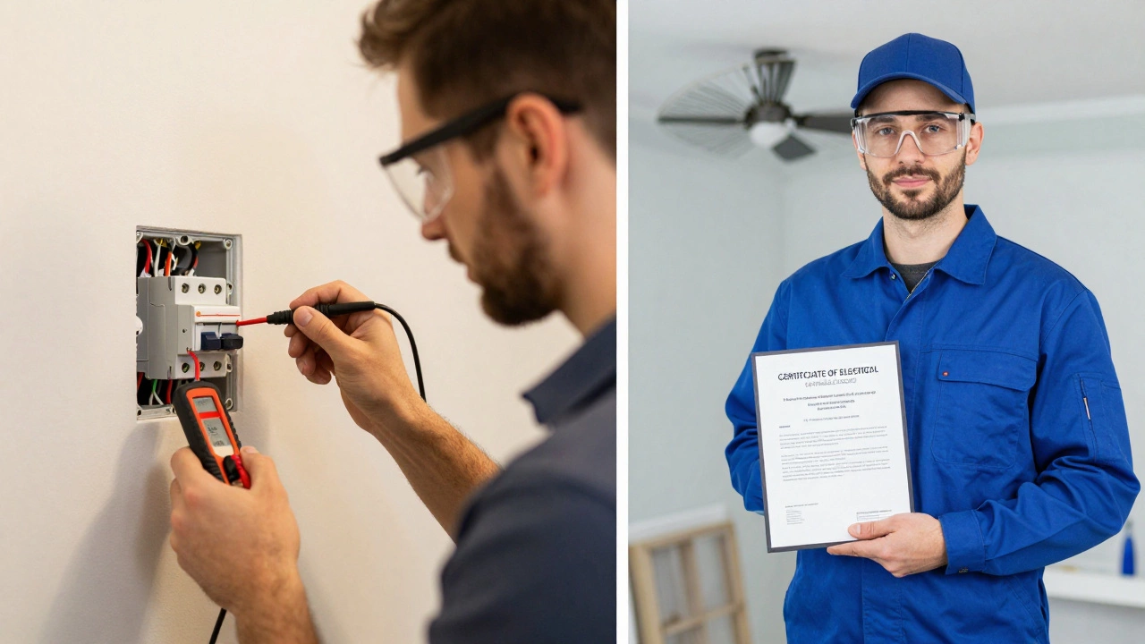 Homeowner testing wires and electrician holding safety certificate