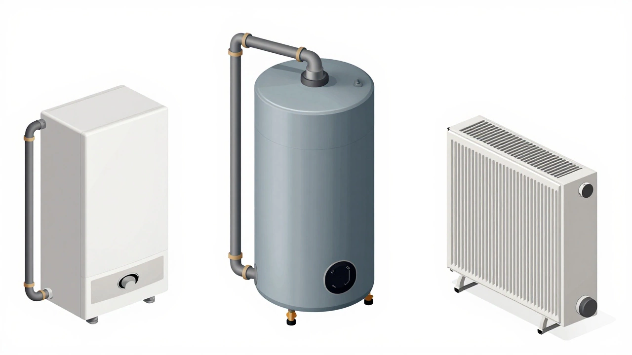 Illustration comparing combi boilers, system boilers with tanks, and electric heaters.