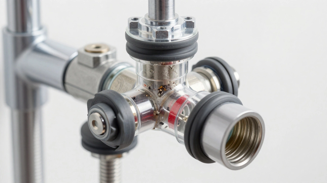 Internal view of a broken shower mixing valve with blocked hot water path