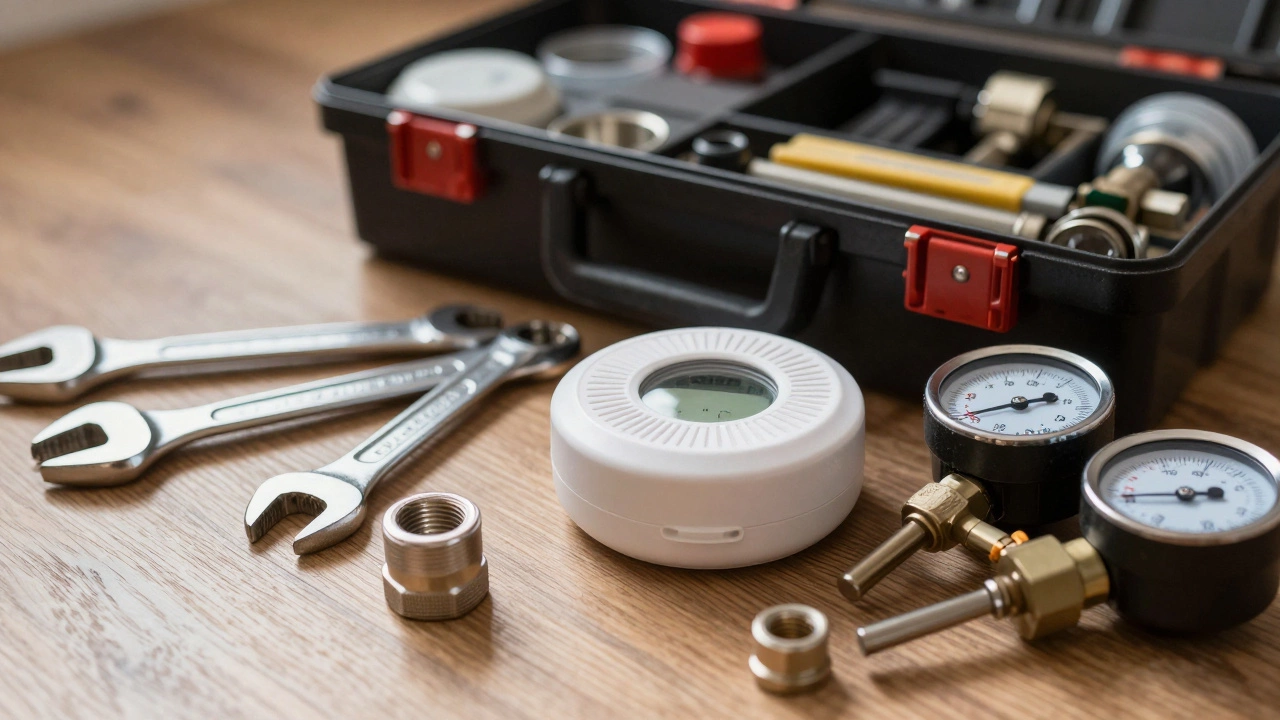Plumber's toolbox with wrenches and a carbon monoxide detector on the floor.