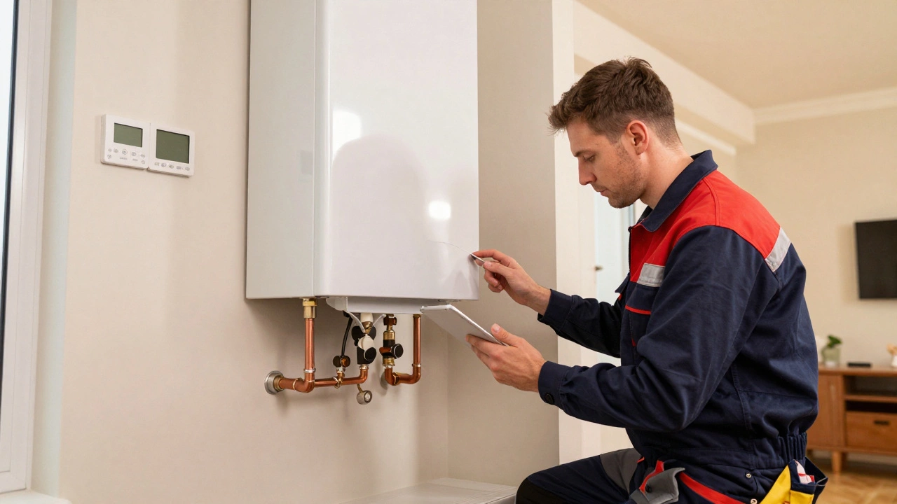 Professional engineer installing a new efficient boiler and smart controls.
