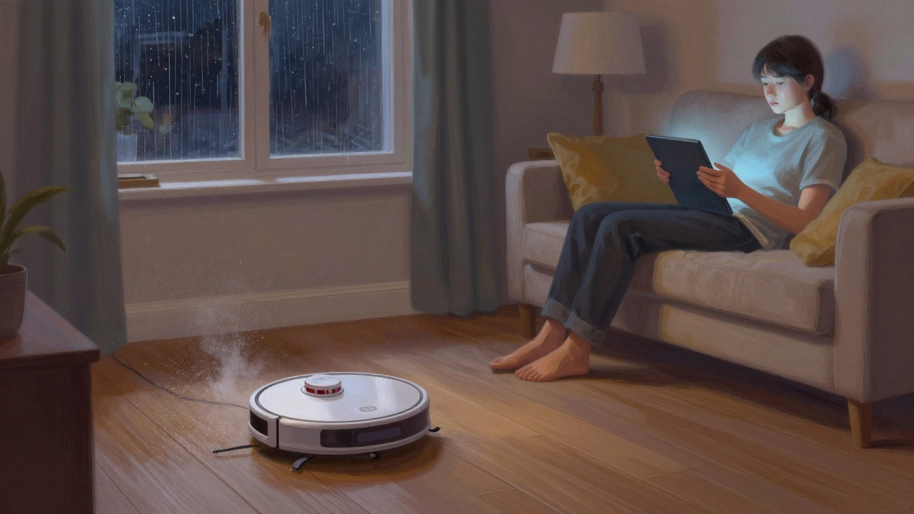 Robotic vacuum cleaning floor while person uses tablet on sofa