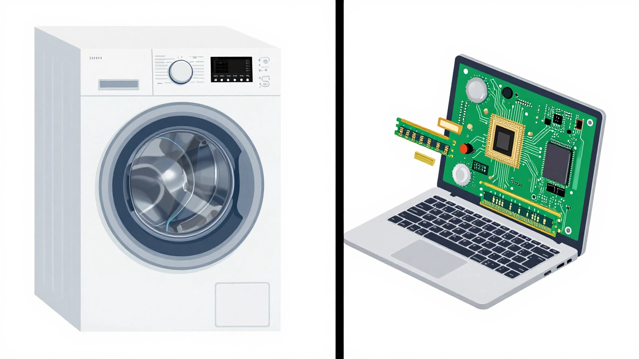 Split view comparing mechanical washing machine parts to laptop circuits
