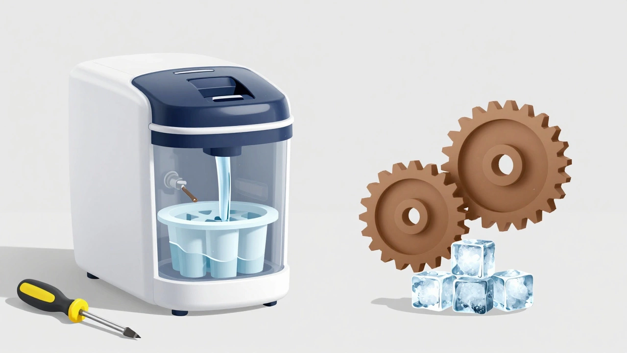Split view of working vs broken ice maker gears and water flow