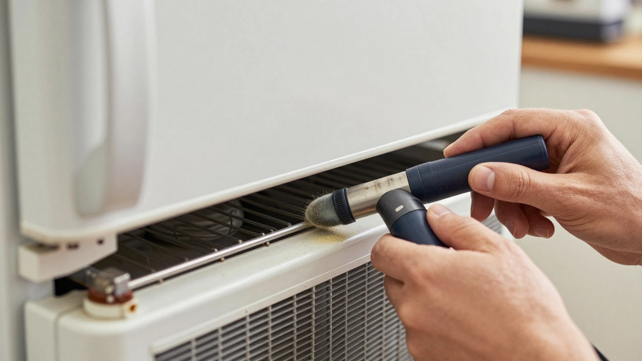 Technician cleaning condenser coils on the back of a refrigerator for maintenance