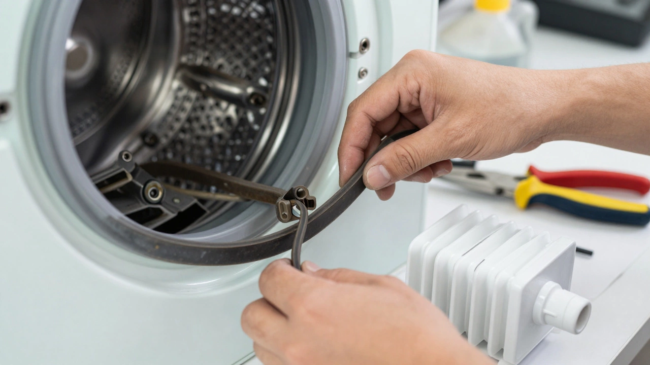 Technician replacing mechanical parts like a belt and heating element