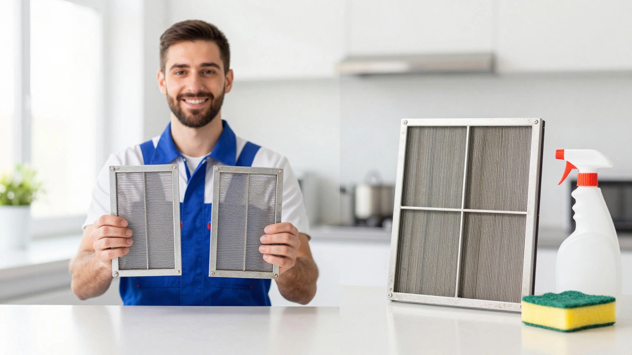 Clean metal filter held by technician next to cleaning supplies on counter