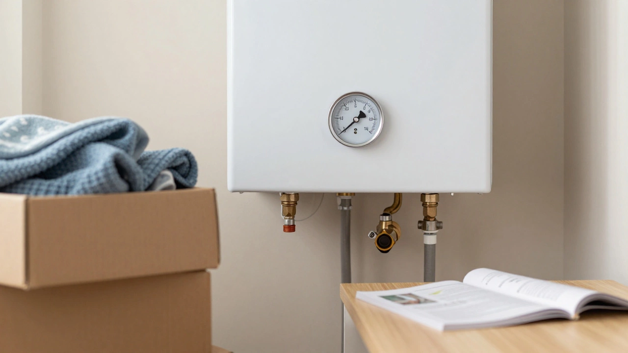 Clear access area around boiler with pressure gauge and manual