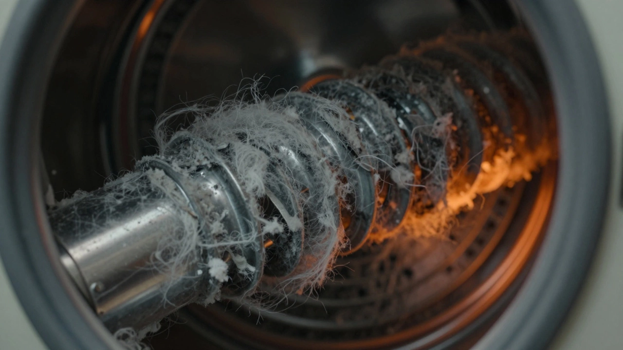 Clogged dryer vent hose with lint showing fire hazard