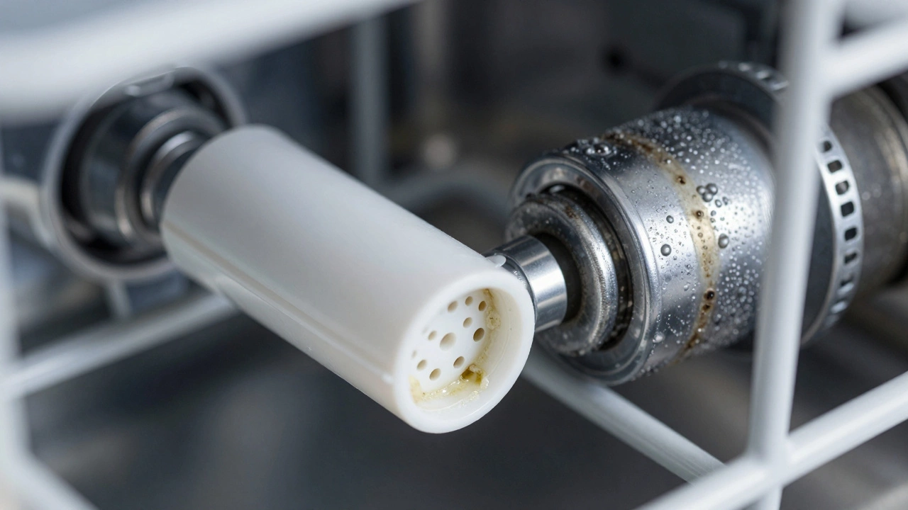 Close-up of clogged spray arm holes and corroded heating element