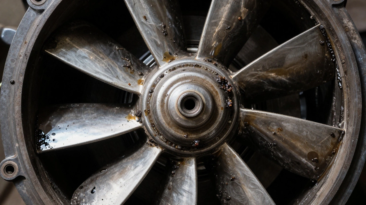 Close-up of greasy extractor fan blades showing heavy buildup and wear