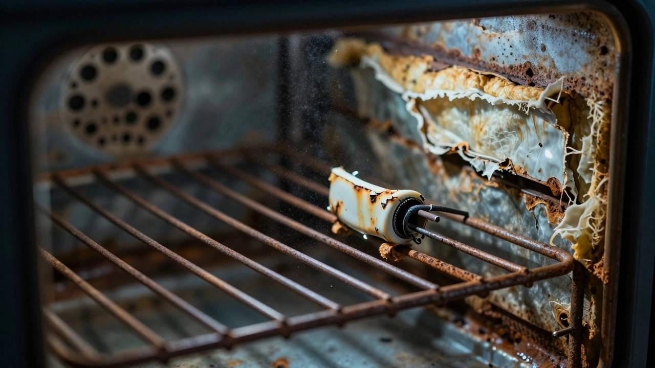 Close-up of rusted oven interior showing damaged insulation and coils