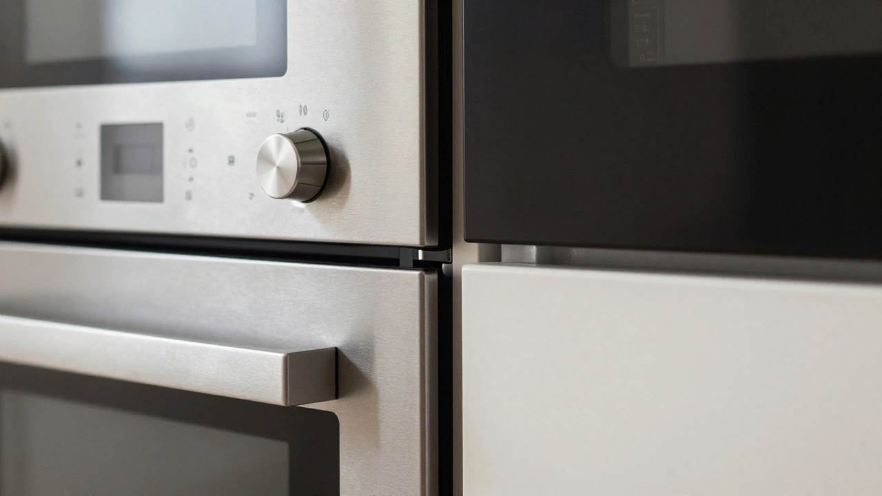 Close-up of stainless steel, black glass, and cream appliance finishes