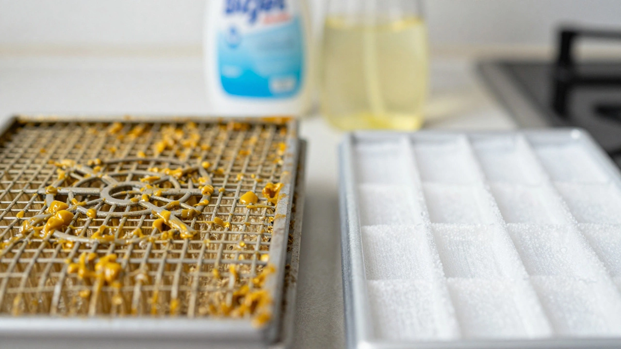 Dirty greasy filter next to a clean one on a kitchen counter
