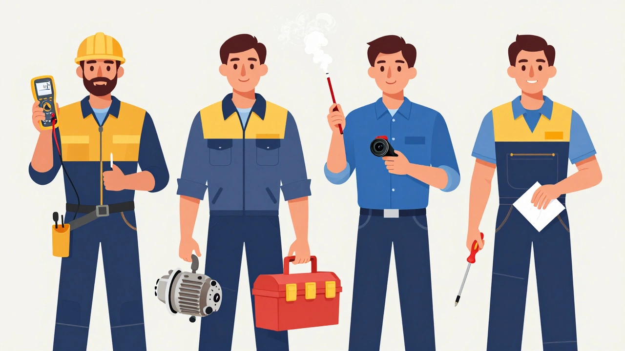 Four trade professionals: electrician, tech, HVAC, and handyman
