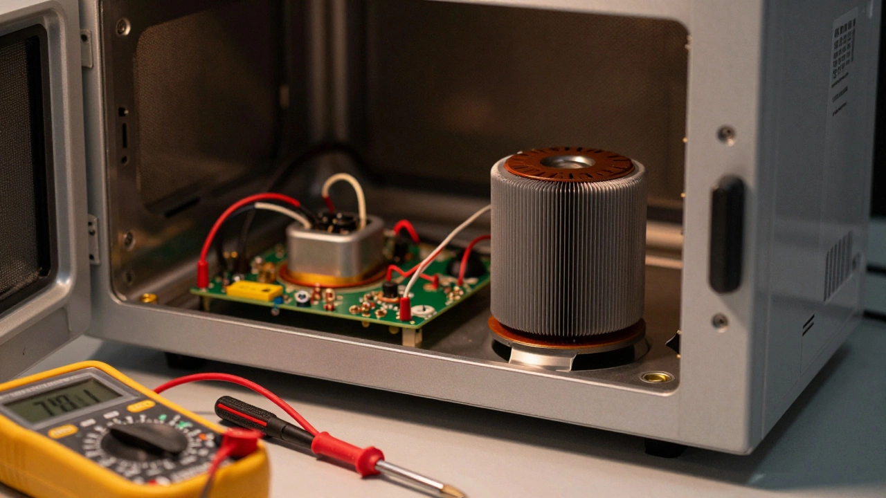 Internal components of a microwave exposed with repair tools nearby