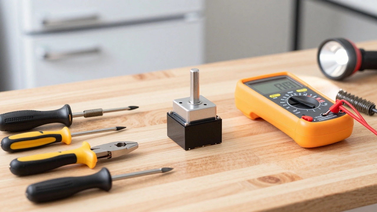 Multimeter and tools on workbench for refrigerator repair diagnosis