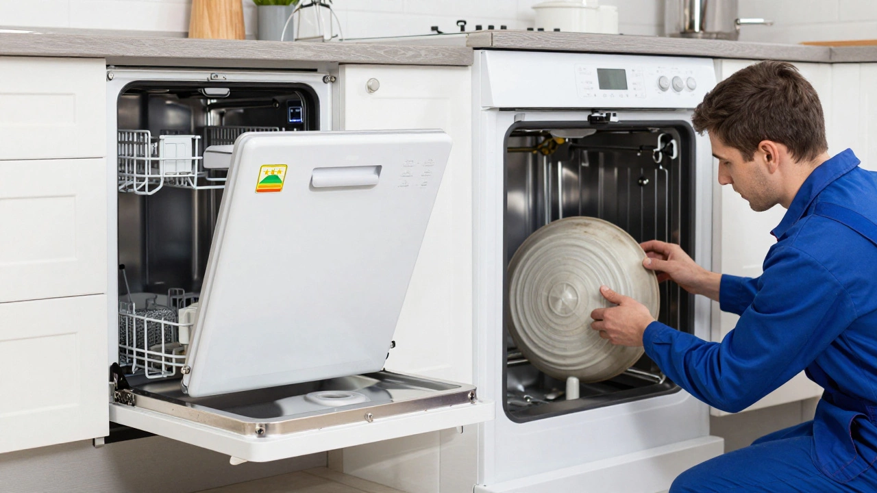 New vs old dishwasher comparison in kitchen